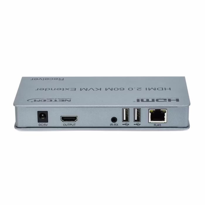 Extensor KVM HDMI con USB de  Metros Netcom PE EXU Controla tu PC o DVR a  Metros de Distancia en KHz Kit extensor KVM HDMI Netcom PE EXU mostrando las dos unidades metálicas transmisor y receptor con sus múltiples puertos HDMI y USB un producto profesional de HD Multimedia PERU SAC