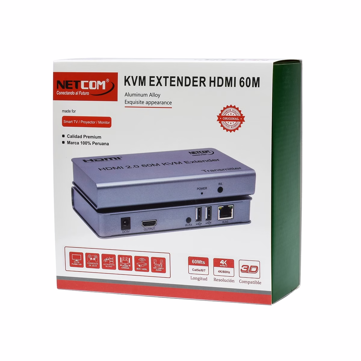 Extensor KVM HDMI con USB de 60 Metros Netcom PE-EXU060: Controla tu PC o DVR a 60 Metros de Distancia en 4K@60Hz, Kit extensor KVM HDMI Netcom PE-EXU060, mostrando las dos unidades metálicas (transmisor y receptor) con sus múltiples puertos HDMI y USB, un producto profesional de HD Multimedia PERU SAC.