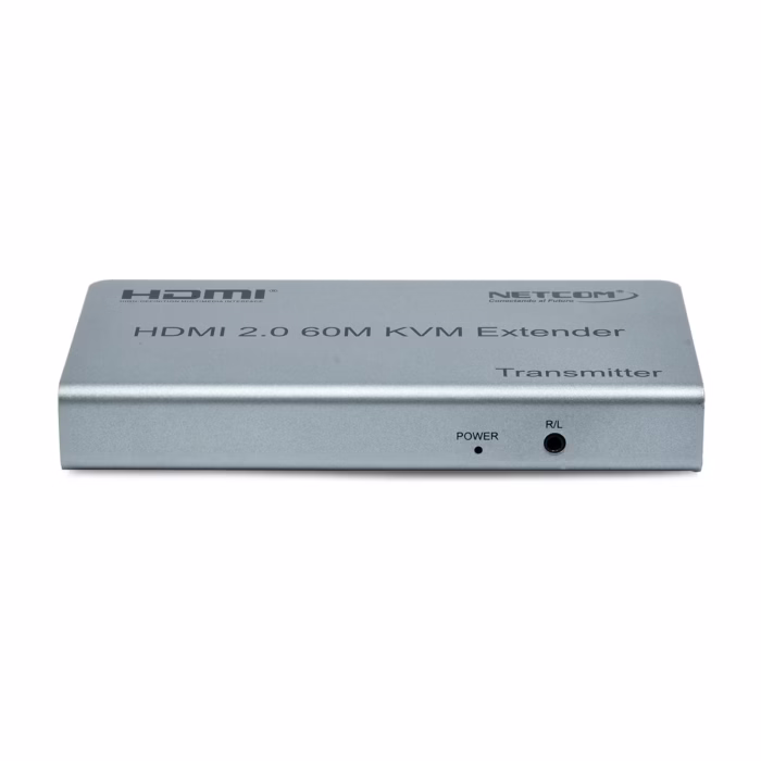 Extensor KVM HDMI con USB de  Metros Netcom PE EXU Controla tu PC o DVR a  Metros de Distancia en KHz Kit extensor KVM HDMI Netcom PE EXU mostrando las dos unidades metálicas transmisor y receptor con sus múltiples puertos HDMI y USB un producto profesional de HD Multimedia PERU SAC