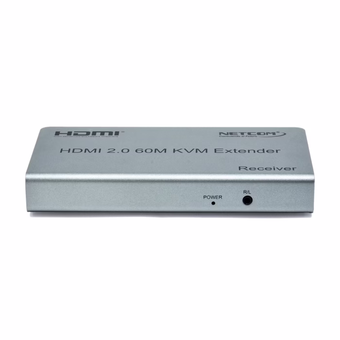 Extensor KVM HDMI con USB de  Metros Netcom PE EXU Controla tu PC o DVR a  Metros de Distancia en KHz Kit extensor KVM HDMI Netcom PE EXU mostrando las dos unidades metálicas transmisor y receptor con sus múltiples puertos HDMI y USB un producto profesional de HD Multimedia PERU SAC
