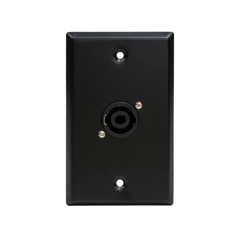 FacePlate Metálico SPEAKON Hembra Finder TM-140603: Conexiones de Parlante Profesionales y Ordenadas, Faceplate o placa de pared metálica de color negro marca Finder, con un conector Speakon hembra de 4 polos profesional instalado, producto para audio de HD Multimedia PERU SAC.