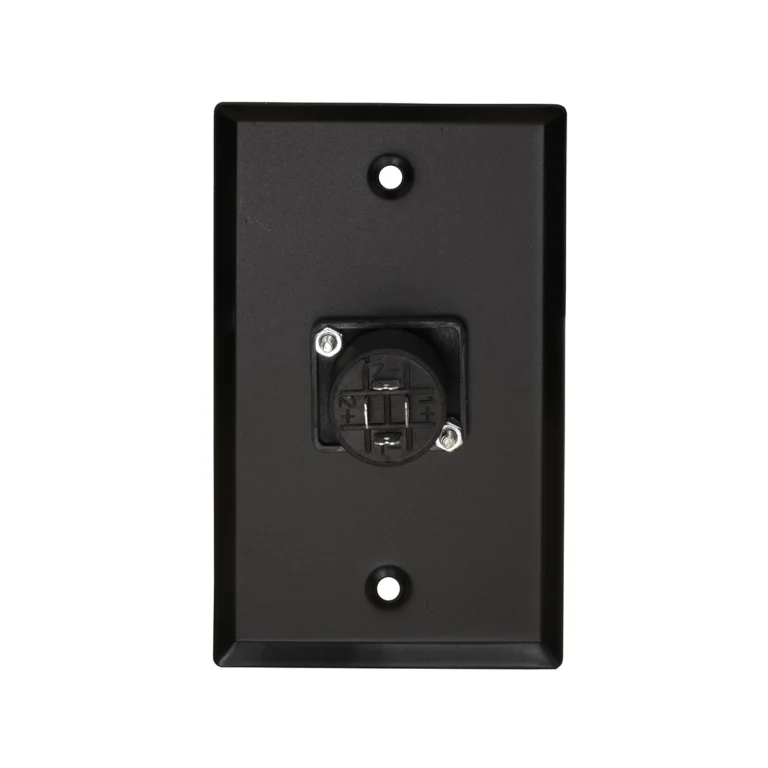 FacePlate Metálico SPEAKON Hembra Finder TM-140603: Conexiones de Parlante Profesionales y Ordenadas, Faceplate o placa de pared metálica de color negro marca Finder, con un conector Speakon hembra de 4 polos profesional instalado, producto para audio de HD Multimedia PERU SAC.