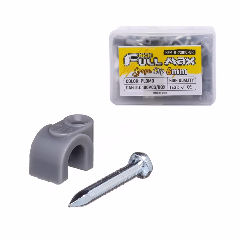 Grapas Clip 6mm Gris Pack 100pz High Full Max: Organiza y Asegura tus Cables como un Profesional, Caja con 100 grapas clip de 6mm High Full Max de color gris, con sus clavos de acero pre-insertados, un producto para instalaciones profesionales de HD Multimedia PERU SAC.