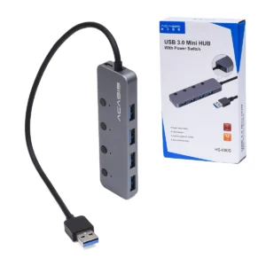 Hub USB 3.0 de 4 Puertos Acasis HS-080S con Switches Independientes: Toma el Control de tus Conexiones, Hub USB 3.0 de 4 puertos Acasis HS-080S de aluminio color gris oscuro, mostrando sus cuatro botones e indicadores LED azules, un accesorio de alta velocidad de HD Multimedia PERU SAC.