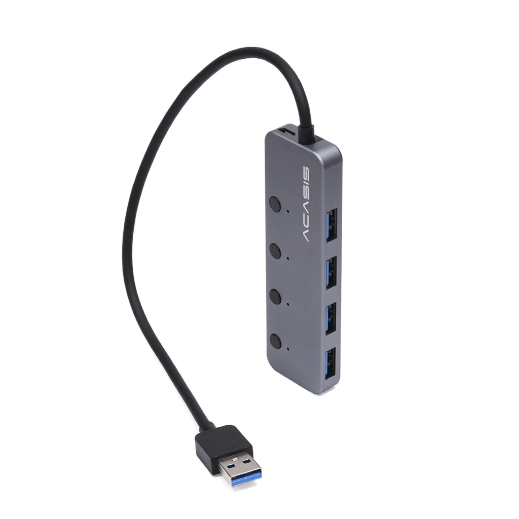 Hub USB  de  Puertos Acasis HS S con Switches Independientes Toma el Control de tus Conexiones Hub USB  de  puertos Acasis HS S de aluminio color gris oscuro mostrando sus cuatro botones e indicadores LED azules un accesorio de alta velocidad de HD Multimedia PERU SAC