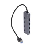 Hub USB 3.0 de 4 Puertos Acasis HS-080S con Switches Independientes: Toma el Control de tus Conexiones, Hub USB 3.0 de 4 puertos Acasis HS-080S de aluminio color gris oscuro, mostrando sus cuatro botones e indicadores LED azules, un accesorio de alta velocidad de HD Multimedia PERU SAC.