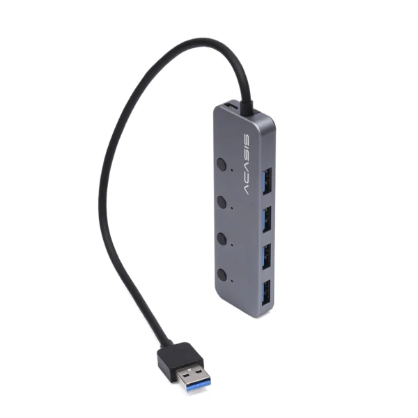 Hub USB 3.0 de 4 Puertos Acasis HS-080S con Switches Independientes: Toma el Control de tus Conexiones, Hub USB 3.0 de 4 puertos Acasis HS-080S de aluminio color gris oscuro, mostrando sus cuatro botones e indicadores LED azules, un accesorio de alta velocidad de HD Multimedia PERU SAC.