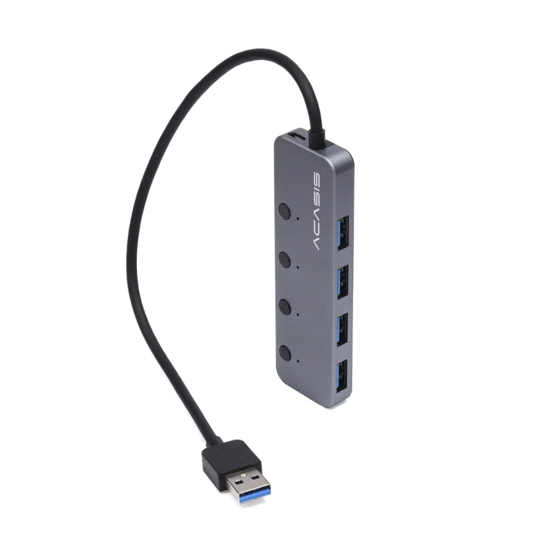 Hub USB 3.0 de 4 Puertos Acasis HS-080S con Switches Independientes: Toma el Control de tus Conexiones, Hub USB 3.0 de 4 puertos Acasis HS-080S de aluminio color gris oscuro, mostrando sus cuatro botones e indicadores LED azules, un accesorio de alta velocidad de HD Multimedia PERU SAC.