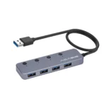 Hub USB 3.0 de 4 Puertos Acasis HS-080S con Switches Independientes: Toma el Control de tus Conexiones, Hub USB 3.0 de 4 puertos Acasis HS-080S de aluminio color gris oscuro, mostrando sus cuatro botones e indicadores LED azules, un accesorio de alta velocidad de HD Multimedia PERU SAC.