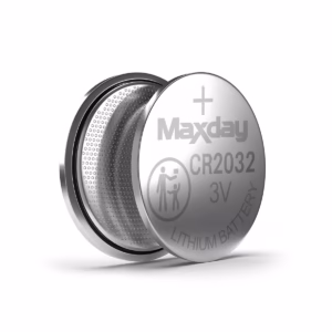 Blíster de 5 unidades de pilas de litio MaxDay CR2032 de 3V, mostrando las pilas de botón plateadas en su empaque, un producto esencial de HD Multimedia PERU SAC., Pila CR2032 3V Lithium MaxDay MD-CR2032