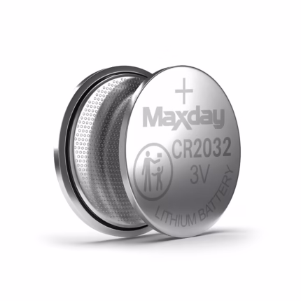 Blíster de 5 unidades de pilas de litio MaxDay CR2032 de 3V, mostrando las pilas de botón plateadas en su empaque, un producto esencial de HD Multimedia PERU SAC., Pila CR2032 3V Lithium MaxDay MD-CR2032