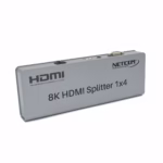 Splitter HDMI 1x4 8K 60Hz / 4K@120Hz Version 2.1 NETCOM PE-SH0204: Lleva tu Señal 8K a 4 Pantallas a la Vez, Divisor HDMI 8K 1x4, Splitter HDMI 1x4 profesional Netcom PE-SH0204 de metal color gris, mostrando su único puerto de entrada y sus cuatro puertos de salida para video 8K, producto de HD Multimedia PERU SAC.