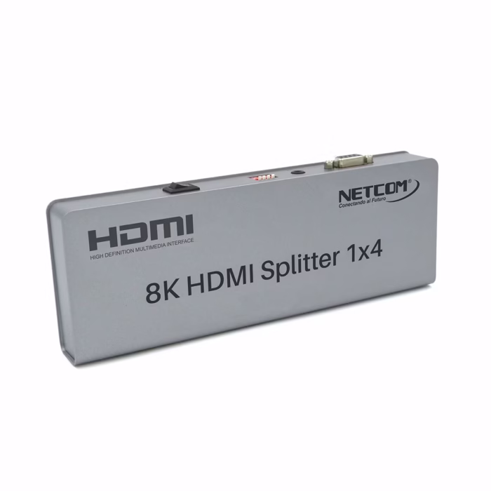 Splitter HDMI x K Hz  KHz Version  NETCOM PE SH Lleva tu Señal K a  Pantallas a la Vez Divisor HDMI K x Splitter HDMI x profesional Netcom PE SH de metal color gris mostrando su único puerto de entrada y sus cuatro puertos de salida para video K producto de HD Multimedia PERU SAC