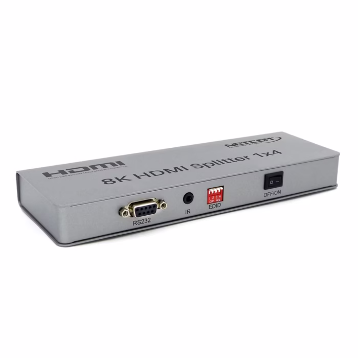 Splitter HDMI x K Hz  KHz Version  NETCOM PE SH Lleva tu Señal K a  Pantallas a la Vez Divisor HDMI K x Splitter HDMI x profesional Netcom PE SH de metal color gris mostrando su único puerto de entrada y sus cuatro puertos de salida para video K producto de HD Multimedia PERU SAC