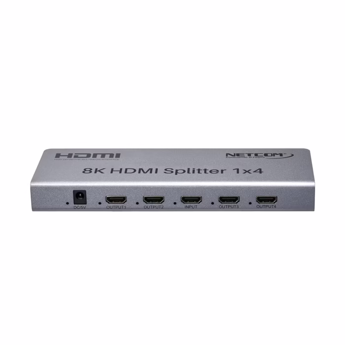 Splitter HDMI x K Hz  KHz Version  NETCOM PE SH Lleva tu Señal K a  Pantallas a la Vez Divisor HDMI K x Splitter HDMI x profesional Netcom PE SH de metal color gris mostrando su único puerto de entrada y sus cuatro puertos de salida para video K producto de HD Multimedia PERU SAC
