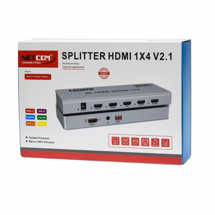 Splitter HDMI x K Hz  KHz Version  NETCOM PE SH Lleva tu Señal K a  Pantallas a la Vez Divisor HDMI K x Splitter HDMI x profesional Netcom PE SH de metal color gris mostrando su único puerto de entrada y sus cuatro puertos de salida para video K producto de HD Multimedia PERU SAC