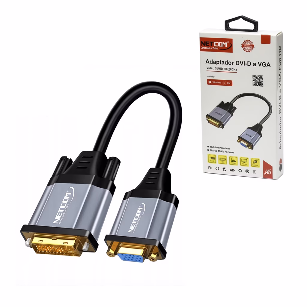 Adaptador activo DVI D a VGA Netcom PE EL mostrando el conector DVI D macho de aluminio y el puerto VGA hembra producto de HD Multimedia PERU SAC Conversor DVI a VGA NETCOM PE EL resistente con carcasa de aluminio   HD Multimedia PERU SAC