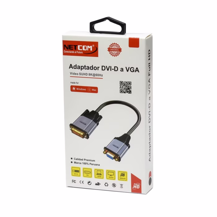 Adaptador activo DVI D a VGA Netcom PE EL mostrando el conector DVI D macho de aluminio y el puerto VGA hembra producto de HD Multimedia PERU SAC Conversor DVI a VGA NETCOM PE EL resistente con carcasa de aluminio   HD Multimedia PERU SAC
