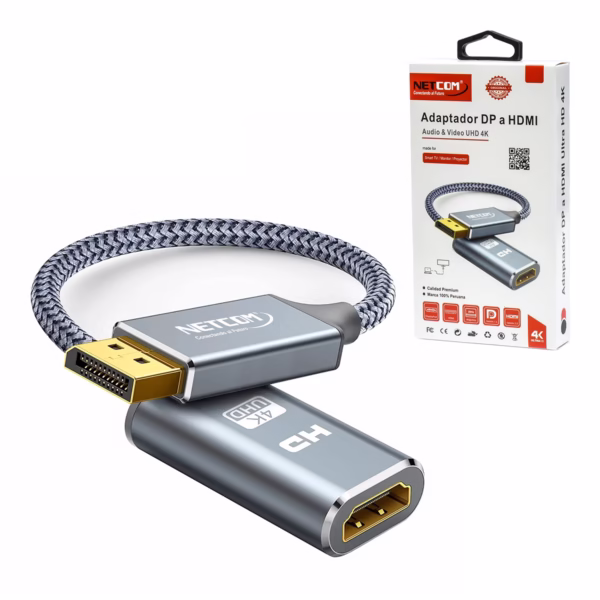 Adaptador DisplayPort a HDMI 4K 30Hz Enmallado NETCOM PE-VA0378: Conecta tu PC o Laptop a Cualquier Pantalla HDMI, Cable enmallado de nylon DisplayPort a HDMI 4K@30Hz NETCOM PE-VA0378 en HD Multimedia PERU SAC