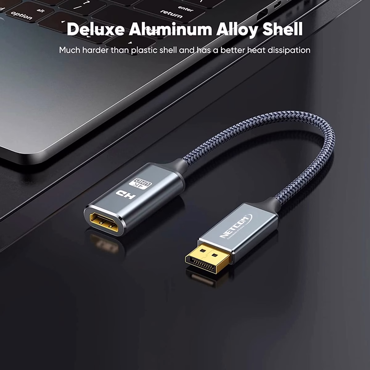 Adaptador DisplayPort a HDMI 4K 30Hz Enmallado NETCOM PE-VA0378: Conecta tu PC o Laptop a Cualquier Pantalla HDMI, Cable enmallado de nylon DisplayPort a HDMI 4K@30Hz NETCOM PE-VA0378 en HD Multimedia PERU SAC