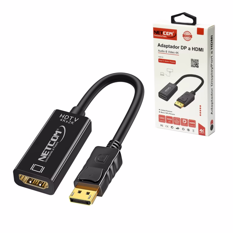 Adaptador DisplayPort a HDMI 4K@60Hz NETCOM PE-DP0185: Disfruta de una Fluidez 4K Real en tu TV, Adaptador activo DisplayPort a HDMI 4K@60Hz Netcom PE-DP0185, mostrando su cable corto y conectores dorados para una conexión de alta calidad, producto de HD Multimedia PERU SAC.
