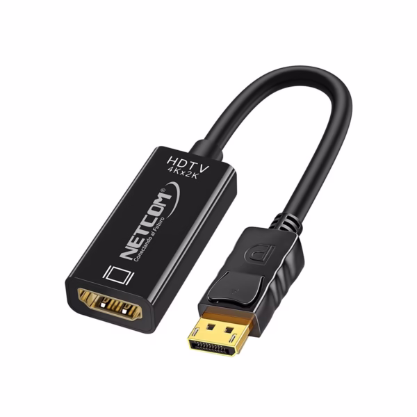 Adaptador DisplayPort a HDMI 4K@60Hz NETCOM PE-DP0185: Disfruta de una Fluidez 4K Real en tu TV, Adaptador activo DisplayPort a HDMI 4K@60Hz Netcom PE-DP0185, mostrando su cable corto y conectores dorados para una conexión de alta calidad, producto de HD Multimedia PERU SAC.