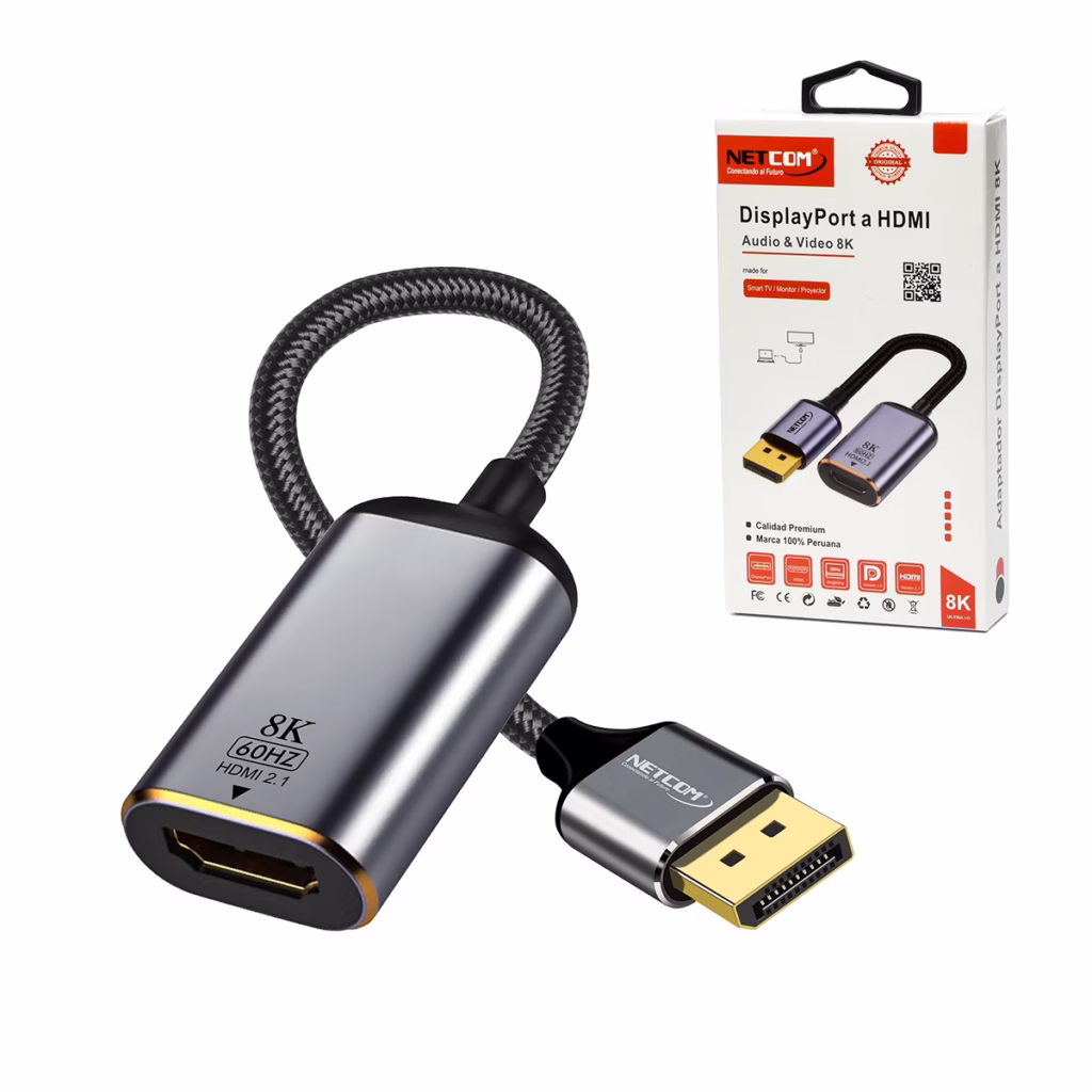 Adaptador DisplayPort a HDMI KHz NETCOM PE VA Libera la Potencia K y KHz de tu PC Adaptador premium DisplayPort a HDMI K Netcom PE VA enmallado mostrando sus conectores de aluminio dorados un producto para gaming de alta gama de HD Multimedia PERU SAC
