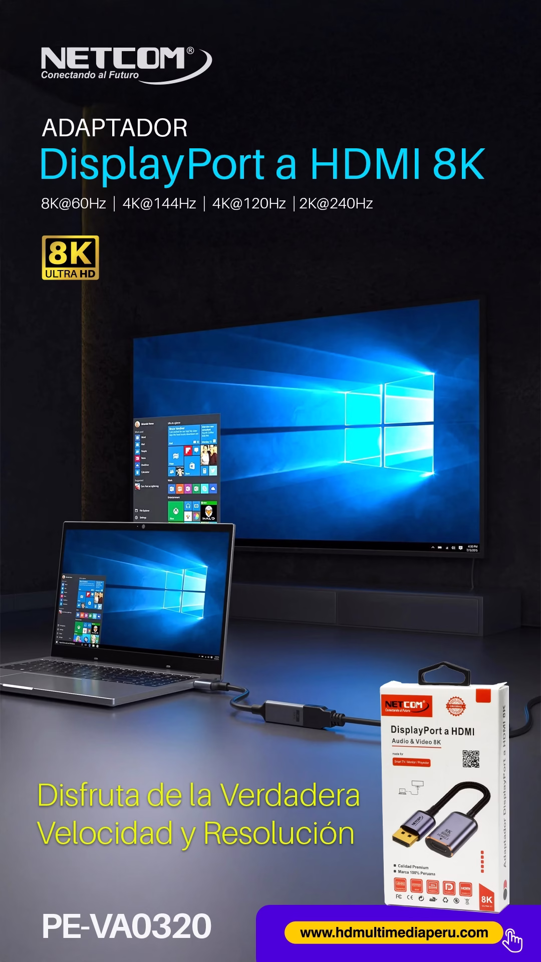 Adaptador DisplayPort a HDMI 8K@60Hz NETCOM PE-VA0320: Libera la Potencia 8K y 4K@144Hz de tu PC, Adaptador premium DisplayPort a HDMI 8K Netcom PE-VA0320 enmallado, mostrando sus conectores de aluminio dorados, un producto para gaming de alta gama de HD Multimedia PERU SAC.