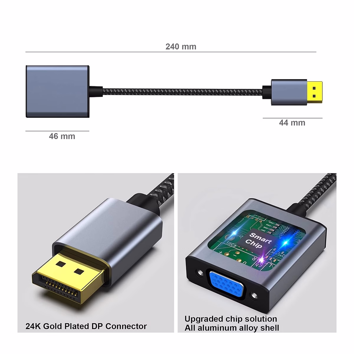 Adaptador DisplayPort a VGA Full HD NETCOM PE-DP0174: Conecta tu PC a Cualquier Proyector VGA sin Esfuerzo, Adaptador premium DisplayPort a VGA Netcom PE-DP0174, mostrando el cable corto enmallado, el conector DP macho de aluminio y el puerto VGA hembra, un producto de HD Multimedia PERU SAC.