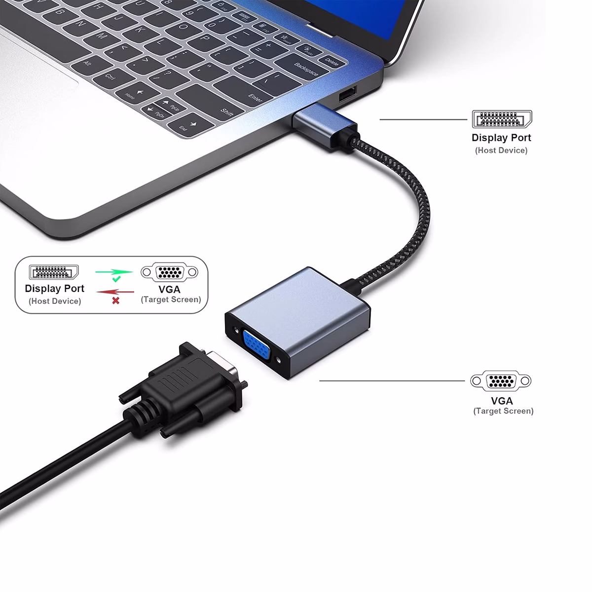 Adaptador DisplayPort a VGA Full HD NETCOM PE-DP0174: Conecta tu PC a Cualquier Proyector VGA sin Esfuerzo, Adaptador premium DisplayPort a VGA Netcom PE-DP0174, mostrando el cable corto enmallado, el conector DP macho de aluminio y el puerto VGA hembra, un producto de HD Multimedia PERU SAC.