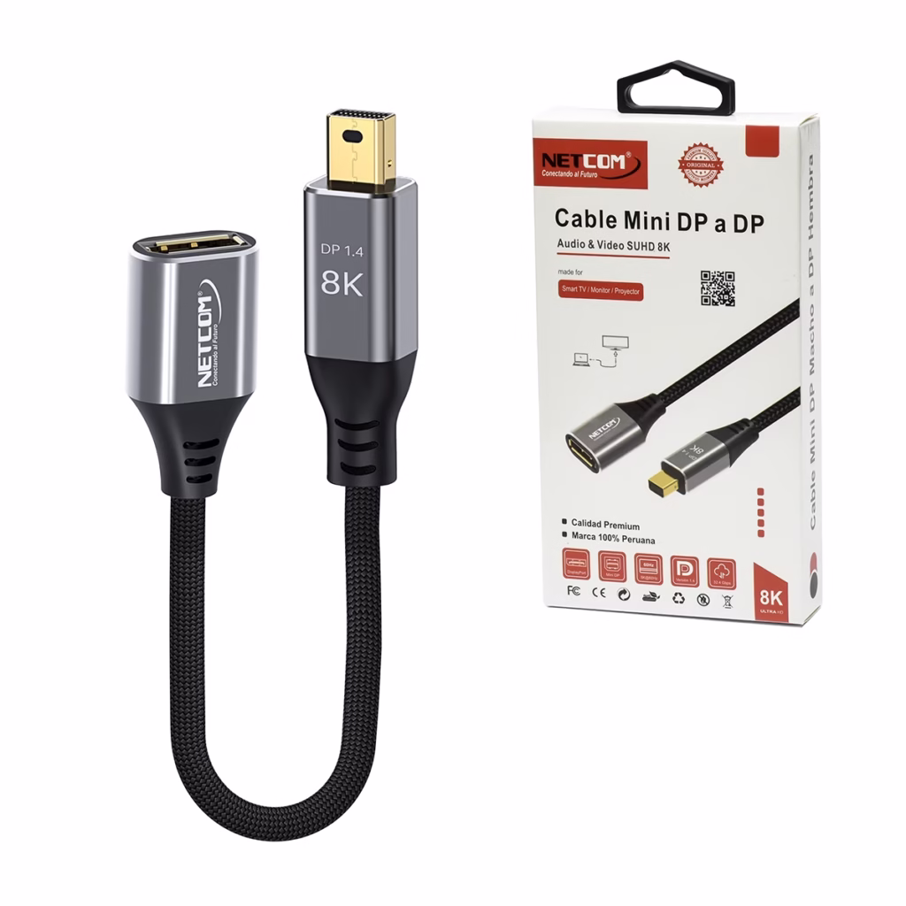 Adaptador Mini DisplayPort a DisplayPort KHZ NETCOM PE AD Desata la Máxima Calidad de tu MacBook o Surface Adaptador premium Mini DisplayPort a DisplayPort  Netcom PE AD enmallado mostrando sus conectores de aluminio dorados un producto para K y gaming de HD Multimedia PERU SAC