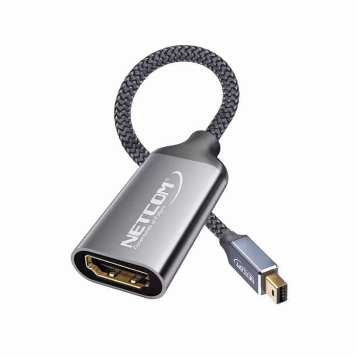Adaptador Mini DisplayPort a HDMI KHz NETCOM PE VA Conecta tu MacBook Surface o Laptop a lo Grande Adaptador premium Mini DisplayPort a HDMI Netcom PE VA mostrando el cable corto enmallado el conector Mini DP macho de aluminio y el puerto HDMI hembra producto de HD Multimedia PERU SAC