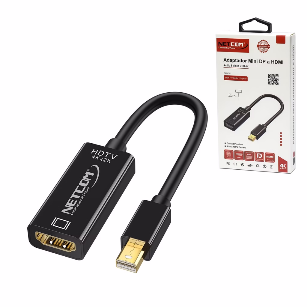 Adaptador Mini DisplayPort a HDMI KHz NETCOM PE DP Disfruta de una Fluidez K Real Adaptador activo Mini DisplayPort a HDMI KHz Netcom PE DP mostrando su cable corto y conectores dorados para una conexión de alta calidad producto de HD Multimedia PERU SAC
