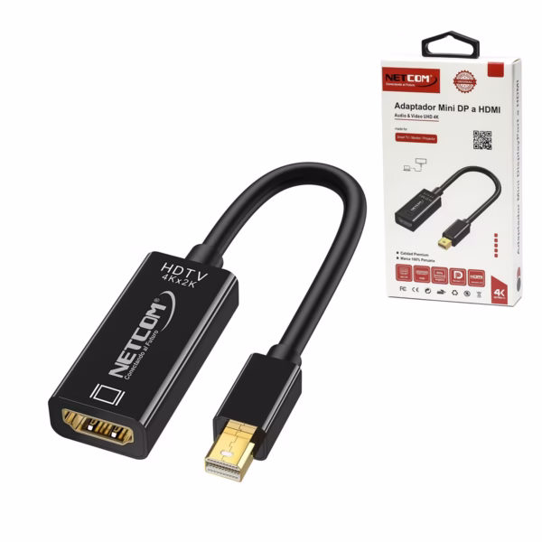 Adaptador Mini DisplayPort a HDMI 4K@60Hz NETCOM PE-DP0186: Disfruta de una Fluidez 4K Real, Adaptador activo Mini DisplayPort a HDMI 4K@60Hz Netcom PE-DP0186, mostrando su cable corto y conectores dorados para una conexión de alta calidad, producto de HD Multimedia PERU SAC.