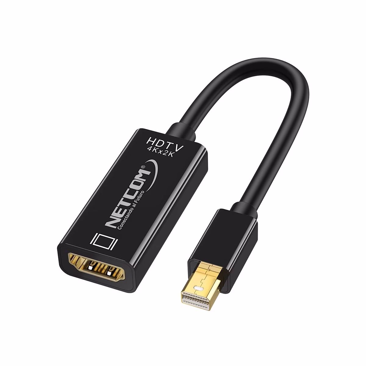 Adaptador Mini DisplayPort a HDMI 4K@60Hz NETCOM PE-DP0186: Disfruta de una Fluidez 4K Real, Adaptador activo Mini DisplayPort a HDMI 4K@60Hz Netcom PE-DP0186, mostrando su cable corto y conectores dorados para una conexión de alta calidad, producto de HD Multimedia PERU SAC.