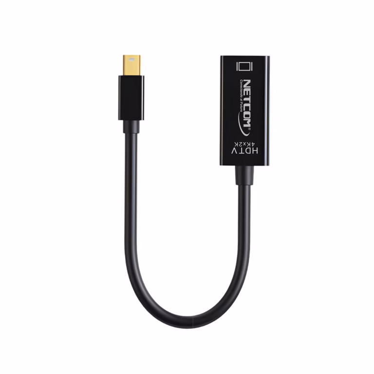 Adaptador Mini DisplayPort a HDMI 4K@60Hz NETCOM PE-DP0186: Disfruta de una Fluidez 4K Real, Adaptador activo Mini DisplayPort a HDMI 4K@60Hz Netcom PE-DP0186, mostrando su cable corto y conectores dorados para una conexión de alta calidad, producto de HD Multimedia PERU SAC.