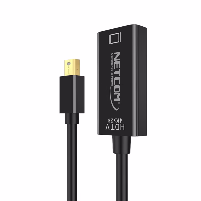 Adaptador Mini DisplayPort a HDMI KHz NETCOM PE DP Disfruta de una Fluidez K Real Adaptador activo Mini DisplayPort a HDMI KHz Netcom PE DP mostrando su cable corto y conectores dorados para una conexión de alta calidad producto de HD Multimedia PERU SAC