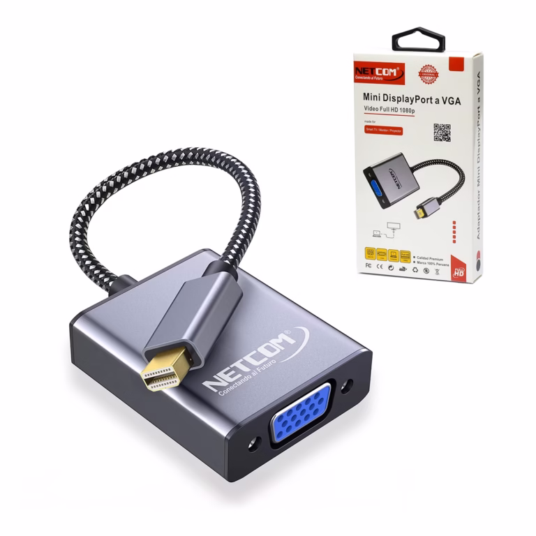 Adaptador Mini DisplayPort a VGA NETCOM PE-DP0175: Conecta tu MacBook, Surface o Laptop a Cualquier Proyector, Adaptador premium Mini DisplayPort a VGA Netcom PE-DP0175, mostrando el cable corto enmallado, el conector Mini DP macho de aluminio y el puerto VGA hembra, un producto de HD Multimedia PERU SAC.