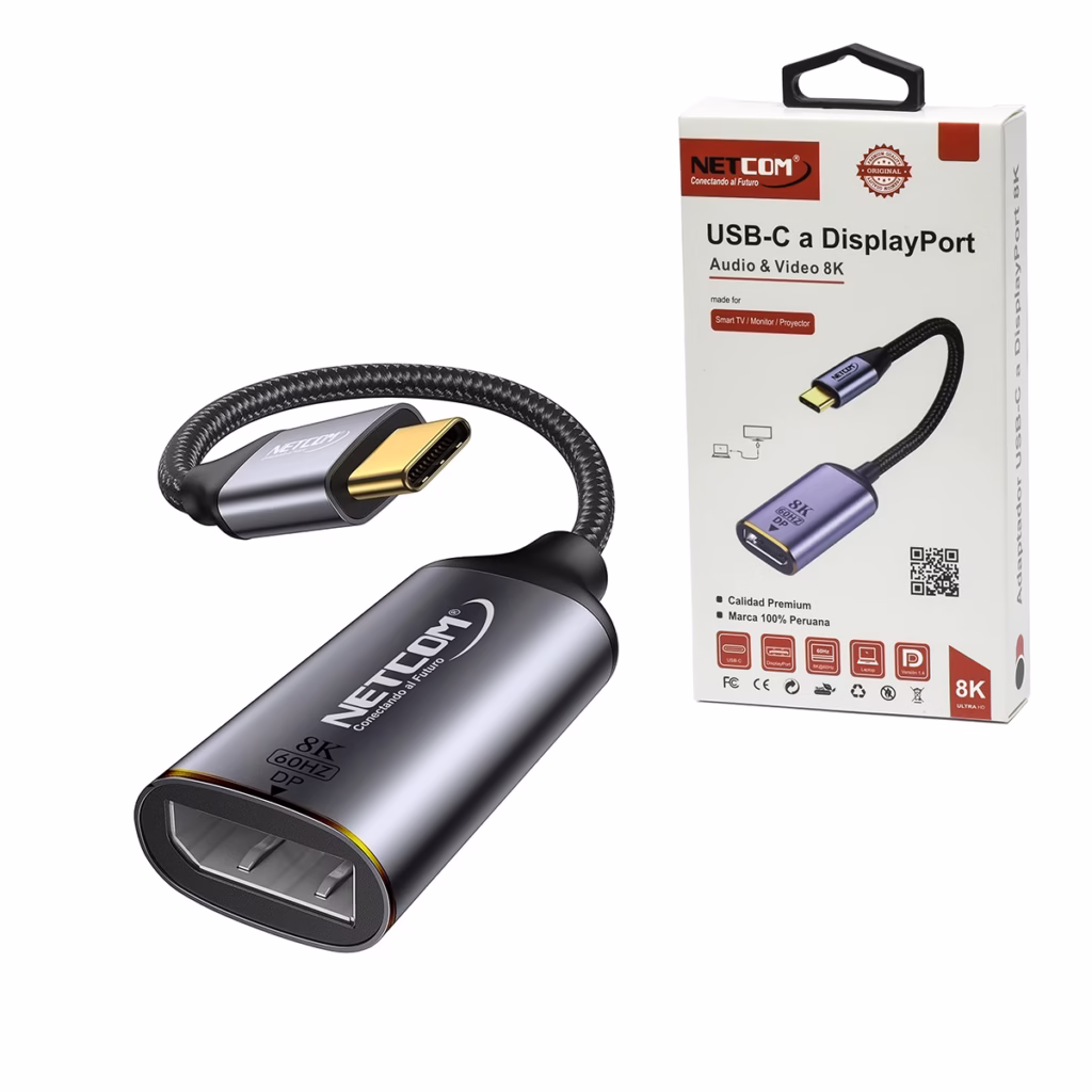 Adaptador USB C a DisplayPort K NETCOM PE VA Libera el Potencial K de tu Laptop Adaptador premium USB C a DisplayPort  Netcom PE VA enmallado mostrando sus conectores de aluminio dorados un producto para K y gaming de HD Multimedia PERU SAC