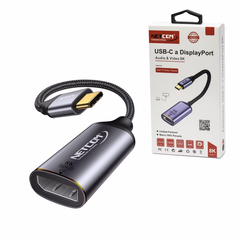 Adaptador USB-C a DisplayPort 8K@60Hz NETCOM PE-VA0340: Libera el Potencial 8K de tu Laptop, Adaptador premium USB-C a DisplayPort 1.4 Netcom PE-VA0340 enmallado, mostrando sus conectores de aluminio dorados, un producto para 8K y gaming de HD Multimedia PERU SAC.