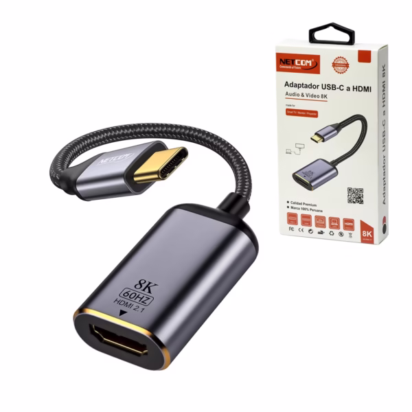 Adaptador USB-C a HDMI 8K NETCOM PE-VA0330: Libera la Potencia 8K de tu Laptop o MacBook, Adaptador premium USB-C a HDMI 2.1 Netcom PE-VA0330 enmallado, mostrando sus conectores de aleación de aluminio y contactos dorados, un producto para 8K y gaming de HD Multimedia PERU SAC.