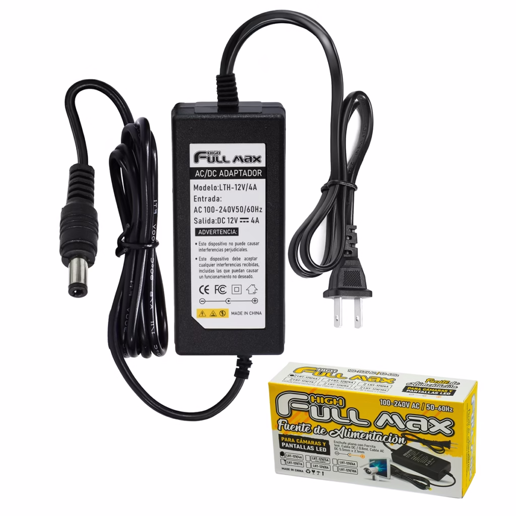 Adaptador V A DC High Full Max LTH VA | Fuente de Poder en Perú Adaptador de corriente tipo ladrillo High Full Max LTH VA de V A mostrando el cable de poder AC y el cable de salida DC con su conector producto de HD Multimedia PERU SAC
