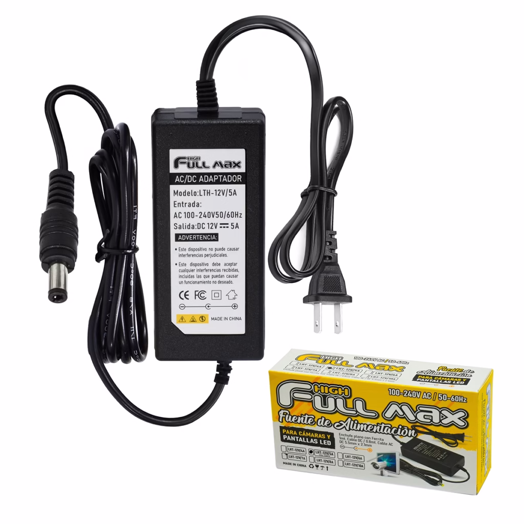 Adaptador de V A DC High Full Max LTH VA Adaptador de corriente tipo ladrillo High Full Max LTH VA de V A mostrando el cable de poder AC y el cable de salida DC con su conector producto de HD Multimedia PERU SAC
