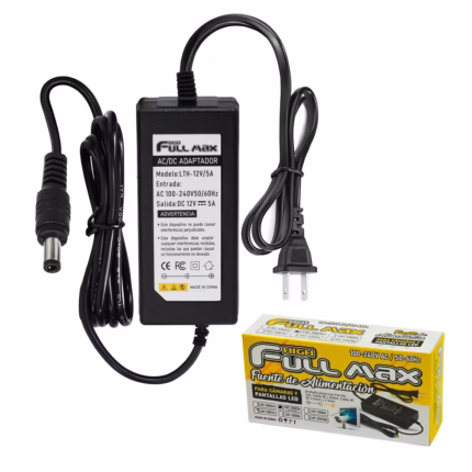 Adaptador de 12V 5A DC High Full Max LTH-12V5A, Adaptador de corriente tipo ladrillo High Full Max LTH-12V5A de 12V 5A, mostrando el cable de poder AC y el cable de salida DC con su conector, producto de HD Multimedia PERU SAC.