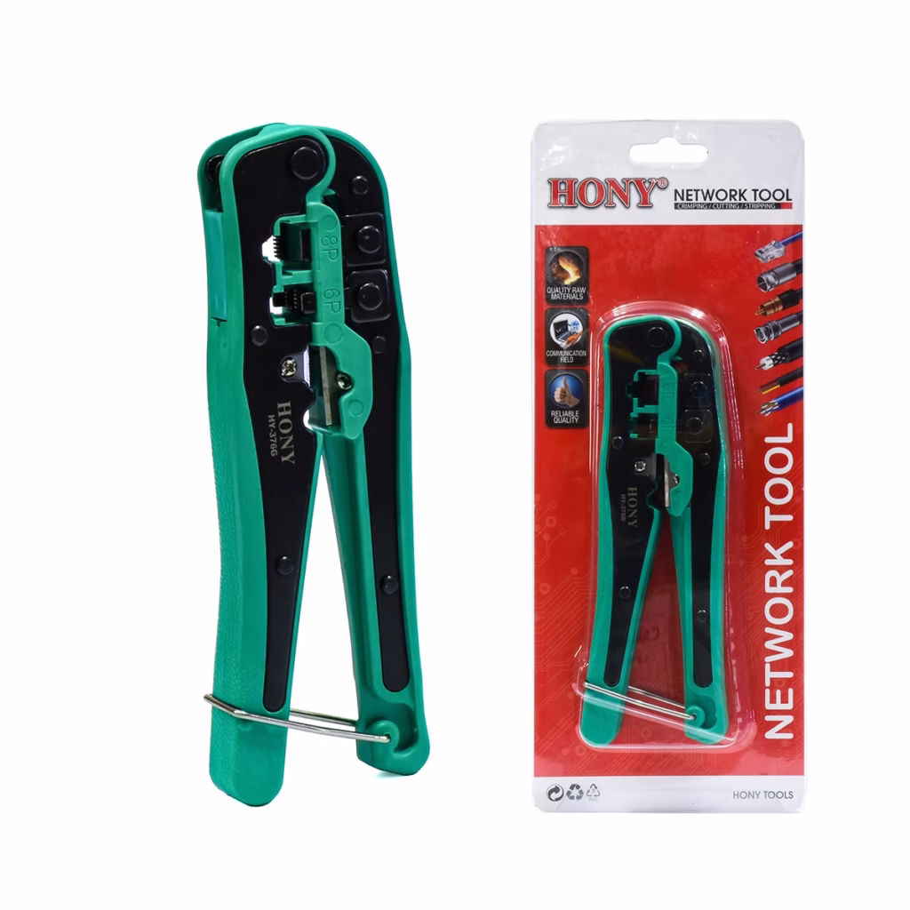Alicate Crimping Tool para RJ RJ RJ RJ HONY HY G Alicate de prensado multifunción HONY HY G de color verde y negro mostrando sus diferentes cabezales de crimpado para RJ y RJ una herramienta profesional de HD Multimedia PERU SAC