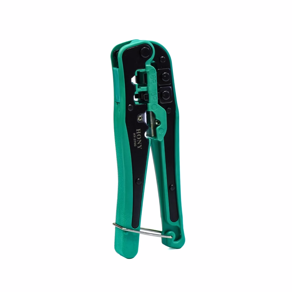 Alicate Crimping Tool para RJ RJ RJ RJ HONY HY G Alicate de prensado multifunción HONY HY G de color verde y negro mostrando sus diferentes cabezales de crimpado para RJ y RJ una herramienta profesional de HD Multimedia PERU SAC