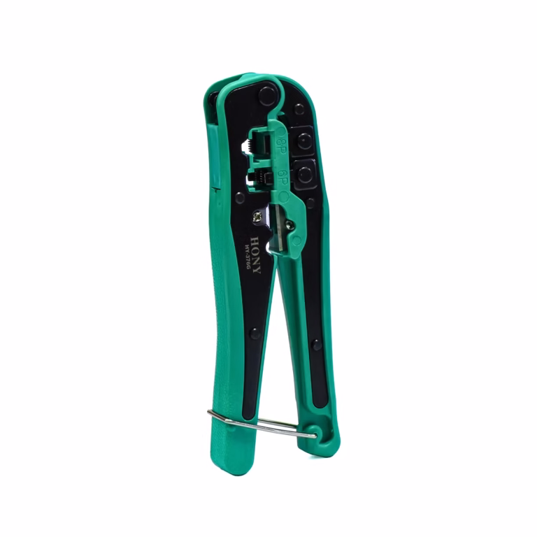 Alicate Crimping Tool para RJ45 RJ12 RJ11 RJ9 HONY HY-376G, Alicate de prensado multifunción HONY HY-376G de color verde y negro, mostrando sus diferentes cabezales de crimpado para RJ45 y RJ11, una herramienta profesional de HD Multimedia PERU SAC.