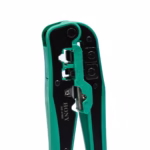 Alicate Crimping Tool para RJ45 RJ12 RJ11 RJ9 HONY HY-376G, Alicate de prensado multifunción HONY HY-376G de color verde y negro, mostrando sus diferentes cabezales de crimpado para RJ45 y RJ11, una herramienta profesional de HD Multimedia PERU SAC.