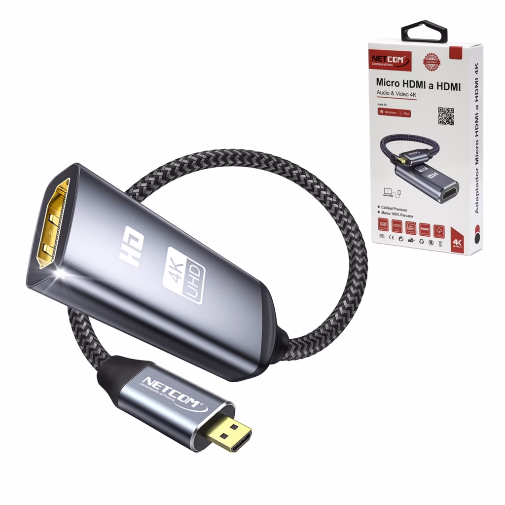 Cable Adaptador Micro HDMI a HDMI KHz NETCOM PE VA Adaptador Micro HDMI a HDMI K portátil para cámaras y laptops HD Multimedia PERU SAC