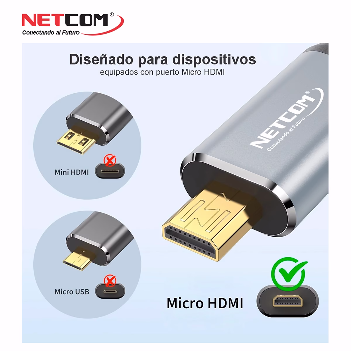 Cable Adaptador Micro HDMI a HDMI 4K@60Hz NETCOM PE-VA0375, Adaptador Micro HDMI a HDMI 4K portátil para cámaras y laptops HD Multimedia PERU SAC